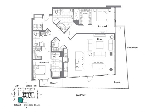 Floor plan for 2 beds, 2.5 baths, 1914 sqft